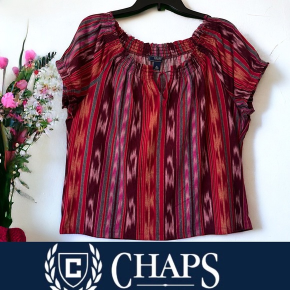 CHAPS PEASANT TOP. SOFT COTTON PULLOVER TOP. ELASTIC NECKLINE WITH TIE. LIKE NEW - Picture 2 of 9
